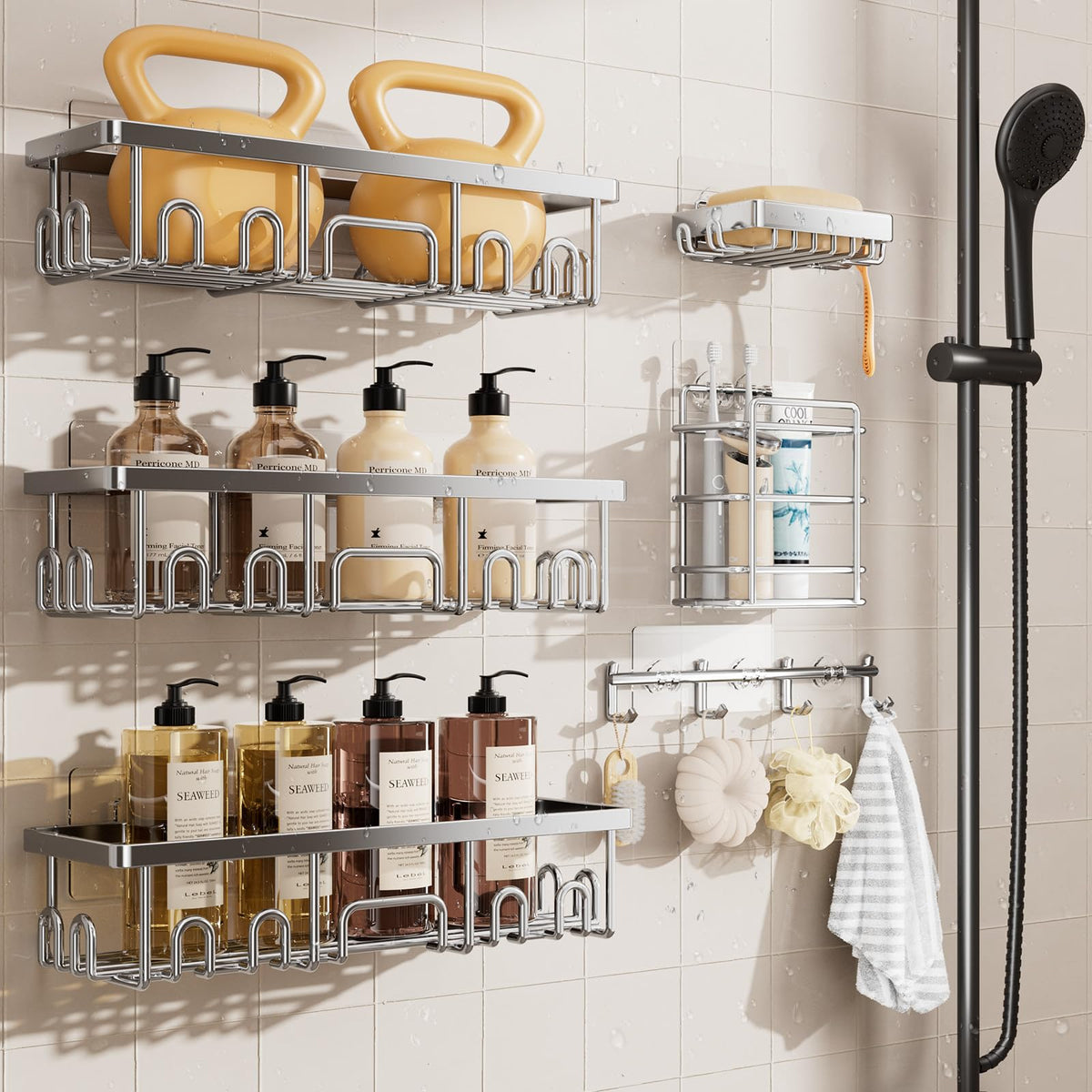 Veken Shower Caddy 3-Pack, Advanced Rustproof Design, No Drilling Adhesive Shelves, Rack with Soap Holder, Large Capacity Bathroom Organizers and Storage, Wall-Mounted Kitchen & Home Decor, Black