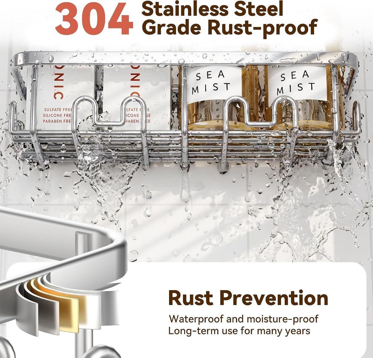 YASONIC Shower Caddy Adhesive, Rustproof Shower Organizer, Wall Shower Rack