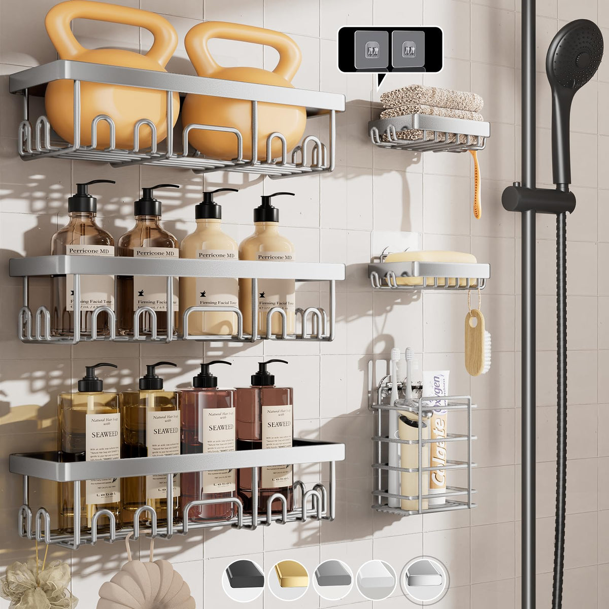Veken Shower Caddy 3-Pack, Advanced Rustproof Design, No Drilling Adhesive Shelves, Rack with Soap Holder, Large Capacity Bathroom Organizers and Storage, Wall-Mounted Kitchen & Home Decor, Black